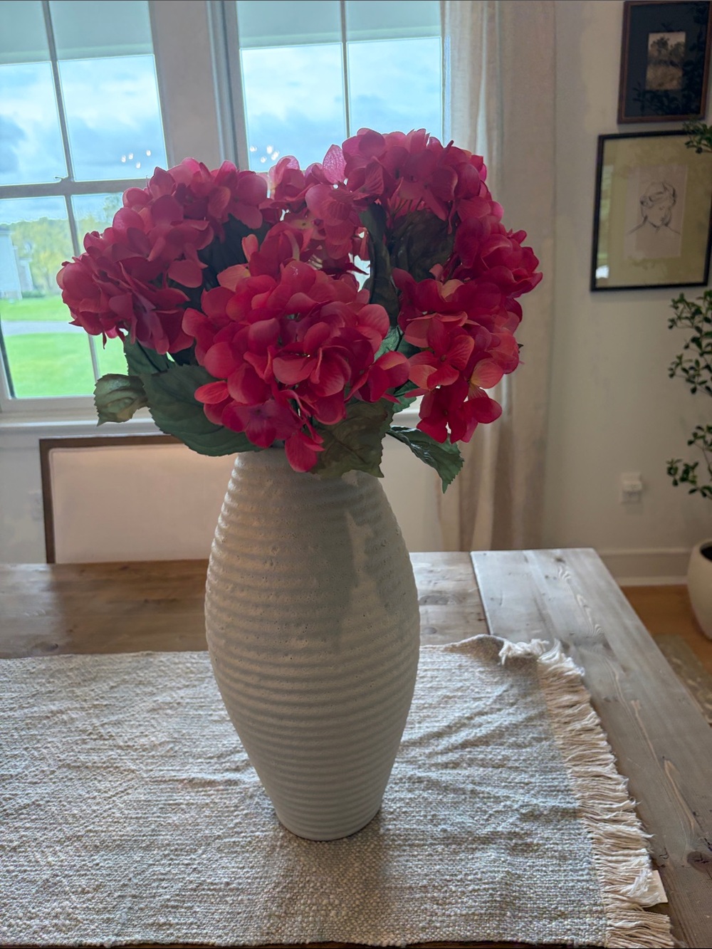 Crate&Barrel White Ceramic Vase with Bright Pink Hydrangeas